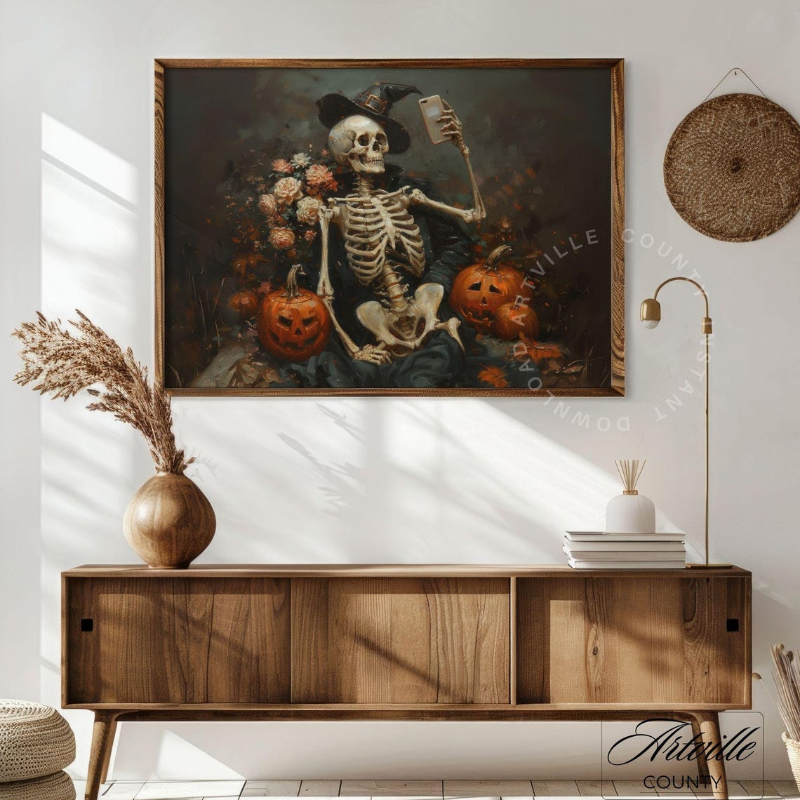 Skeleton in Witch Hat Selfie with Jack-o-Lanterns Gothic Poster - Image 5