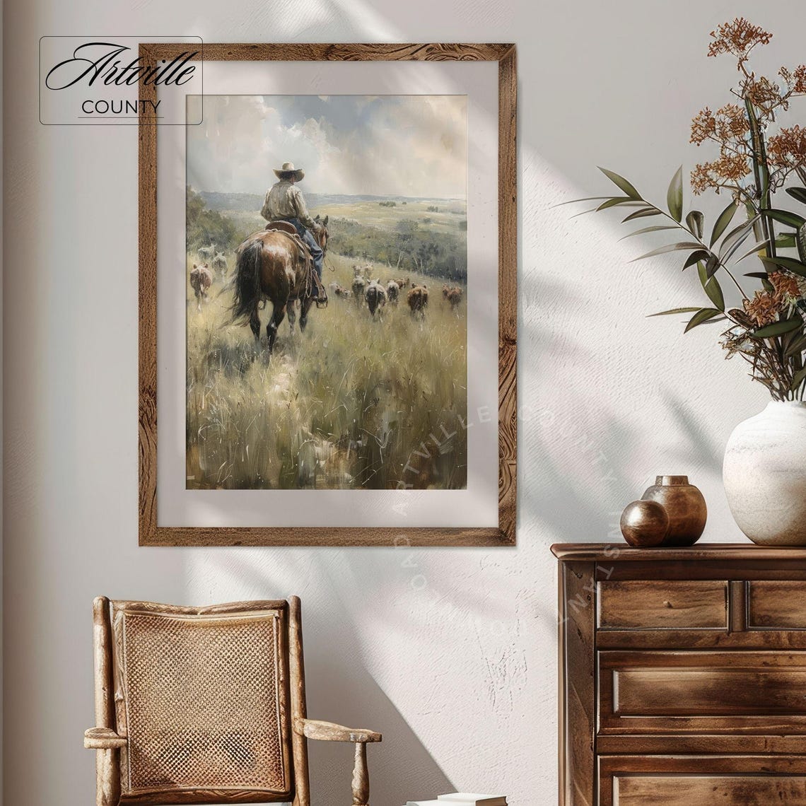 Cowboy On Horseback Herding Cattle Across Prairie Western Poster - Image 3
