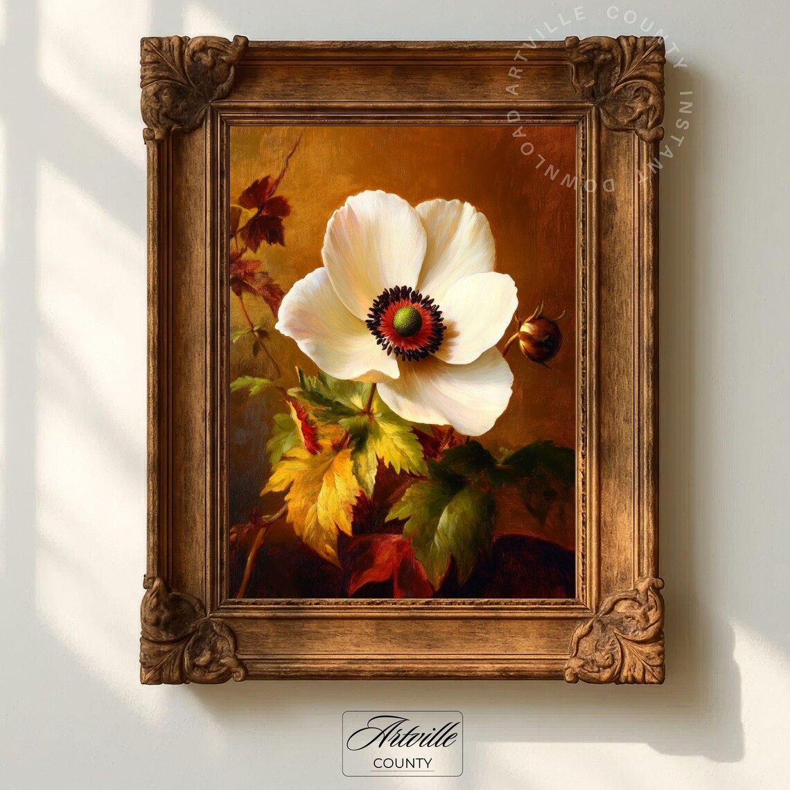 White Poppy Flower Painting, Vintage Floral Art Print