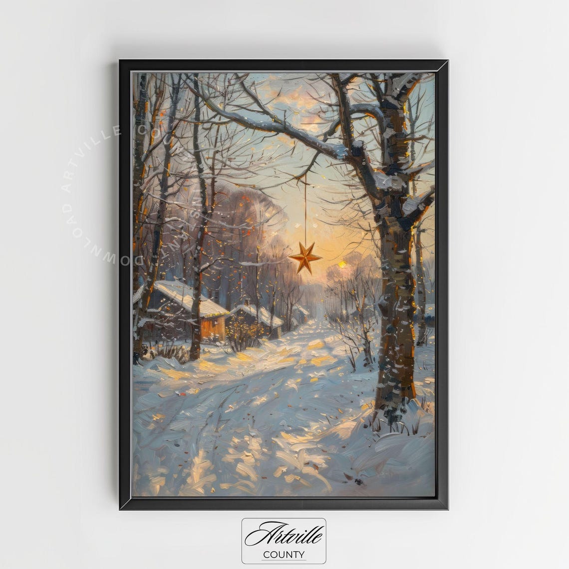 Glowing Christmas Star Hanging Over Snowy Woods Sunset Winter Poster - Image 2