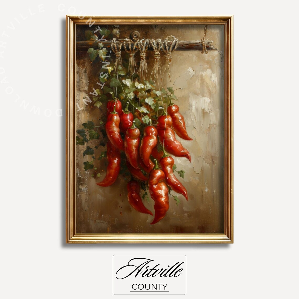 Chili Peppers Oil Painting Still Life, Vintage Kitchen Art