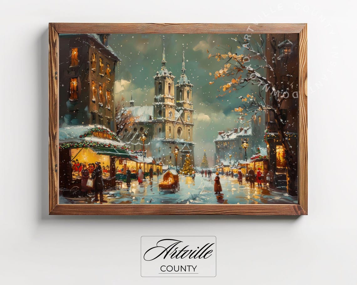 European Christmas Market Snowy Cathedral Square Night Poster - Image 2