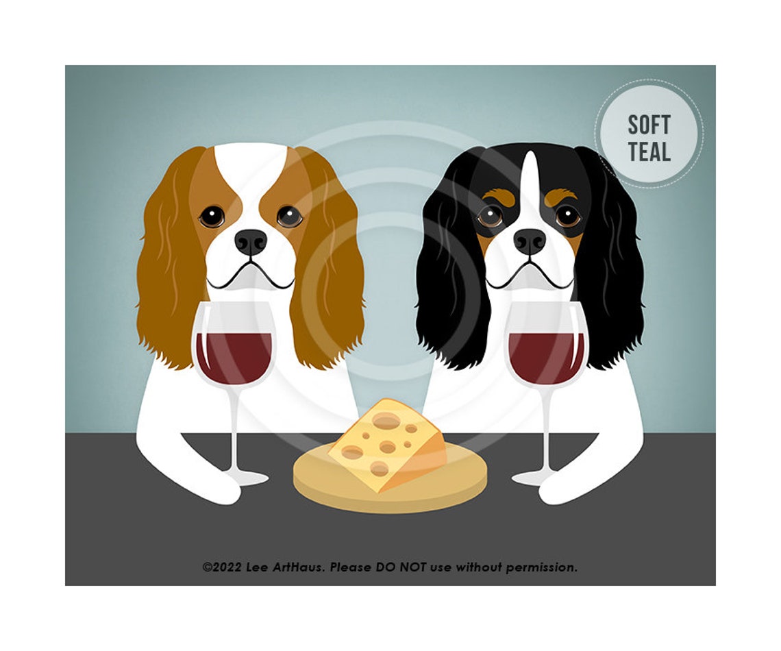Two Cavalier King Charles Spaniels Sharing Wine and Cheese Poster - Image 4