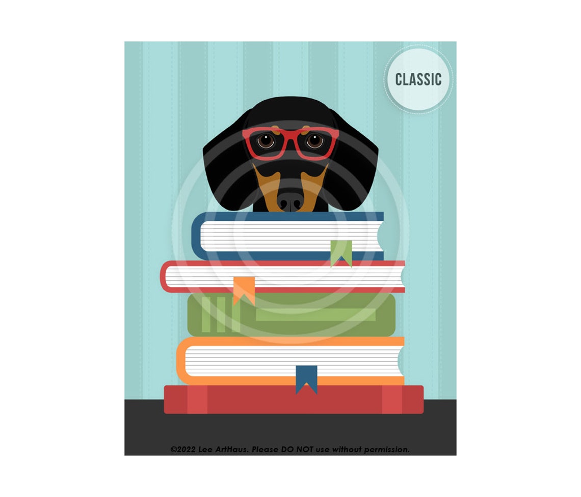 Dachshund Wearing Red Glasses With Stack of Books Funny Dog Poster