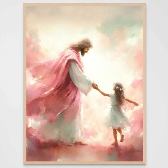 Jesus Dancing With Little Girl in Pink Clouds Joyful Art Poster