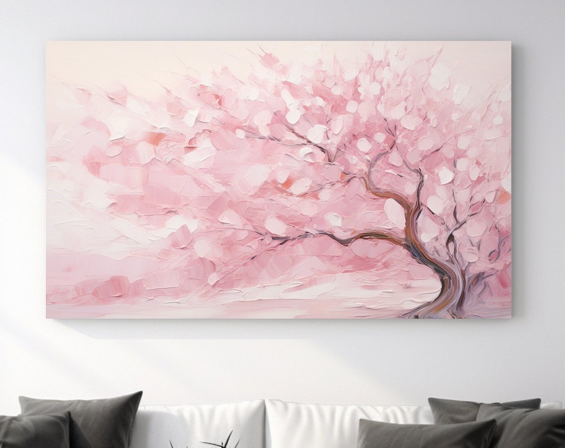 Pink Cherry Blossom Tree Oil Painting Impasto Floral Wall Art