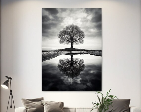 Tree Reflecting Design Aesthetic Black And White Print Home Decor Picture Wall Art Gift Room Decor Wall Hanging