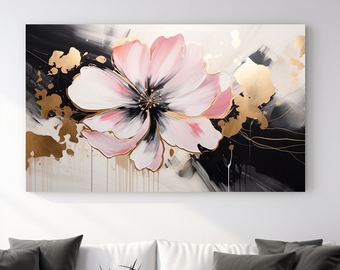 Pink White Flower With Gold Edged Petals Black Abstract Art Poster