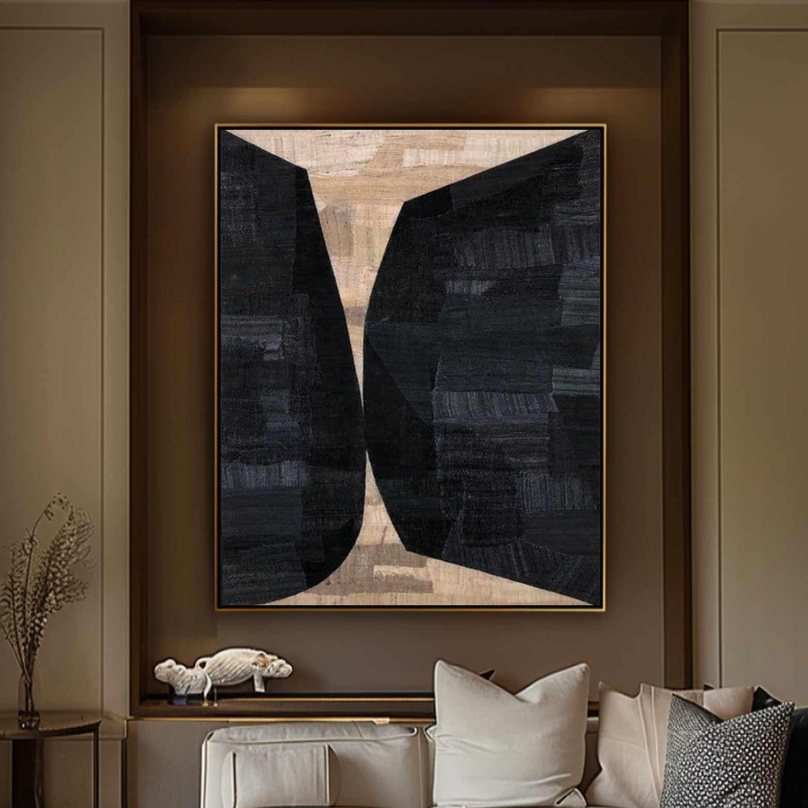 Black Beige Curved Twin Forms Textured Minimalist Abstract Art Print