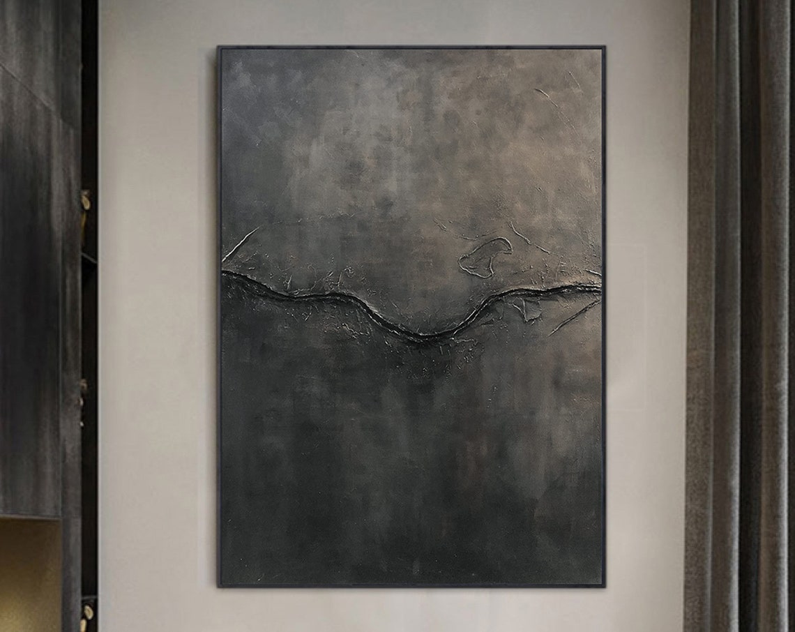 Black Grey Textured Horizon Line Wabi Sabi Dark Abstract Print