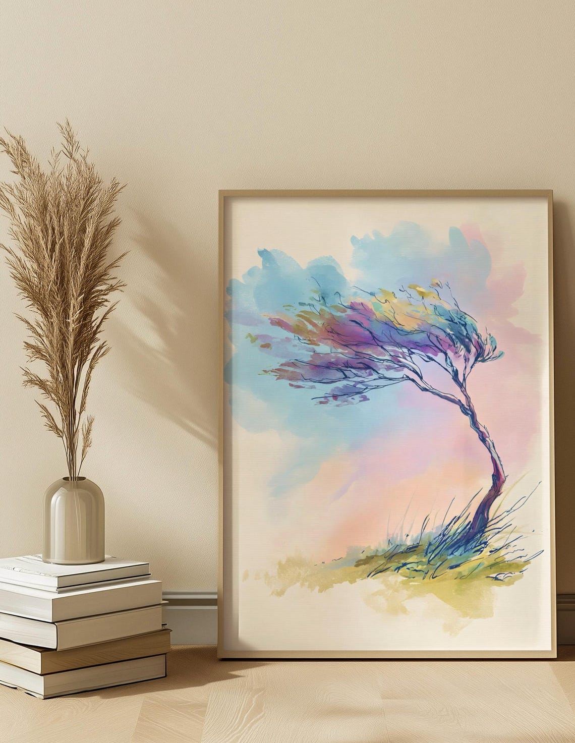 Windswept Tree Pastel Watercolor Minimalist Serene Nature Wall Art