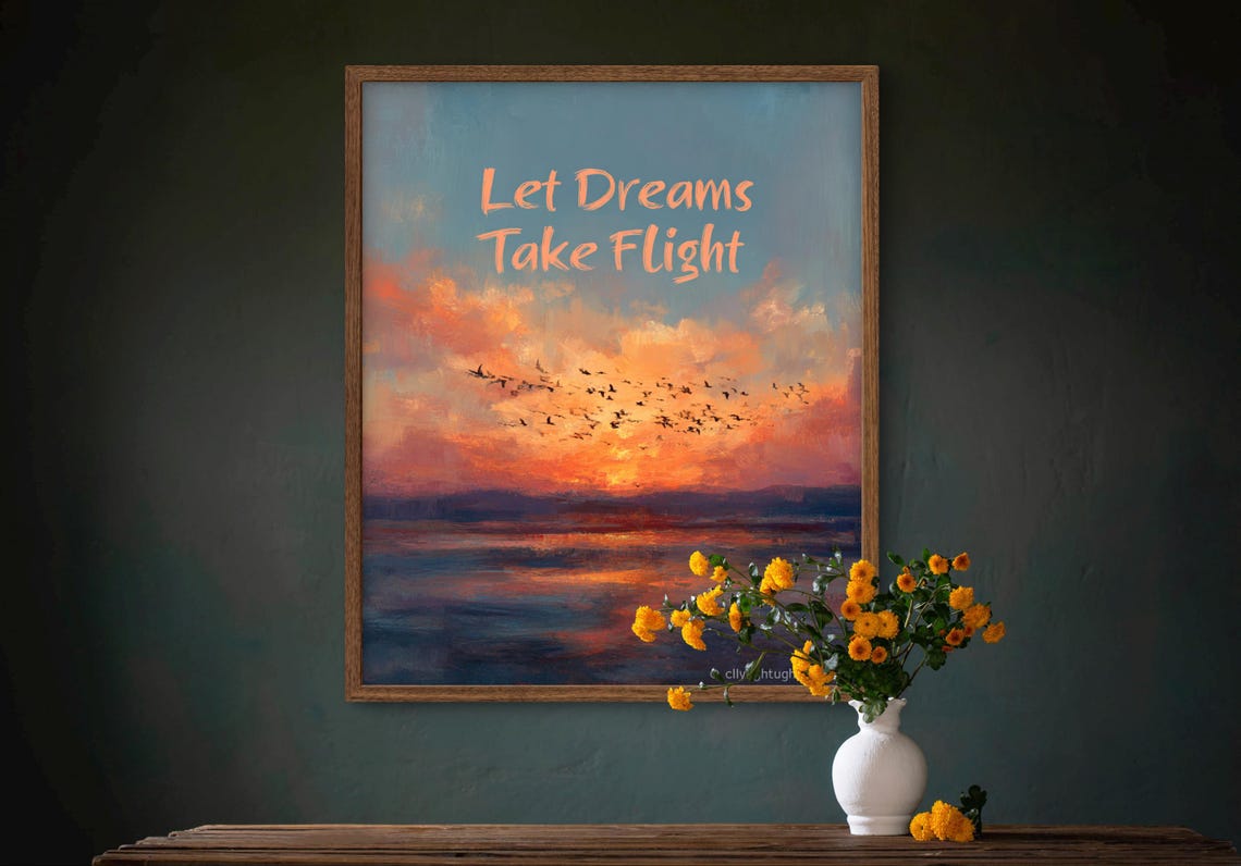 Let Dreams Take Flight Sunset Ocean Birds Motivational Quote Poster