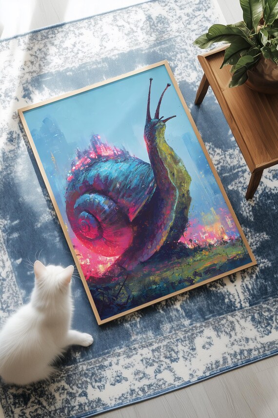 Giant Snail Carrying A Glowing Miniature City At Night Poster