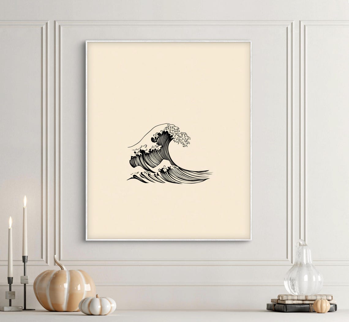 Minimalist Japanese Great Wave Line Art Black Ink Ocean Poster