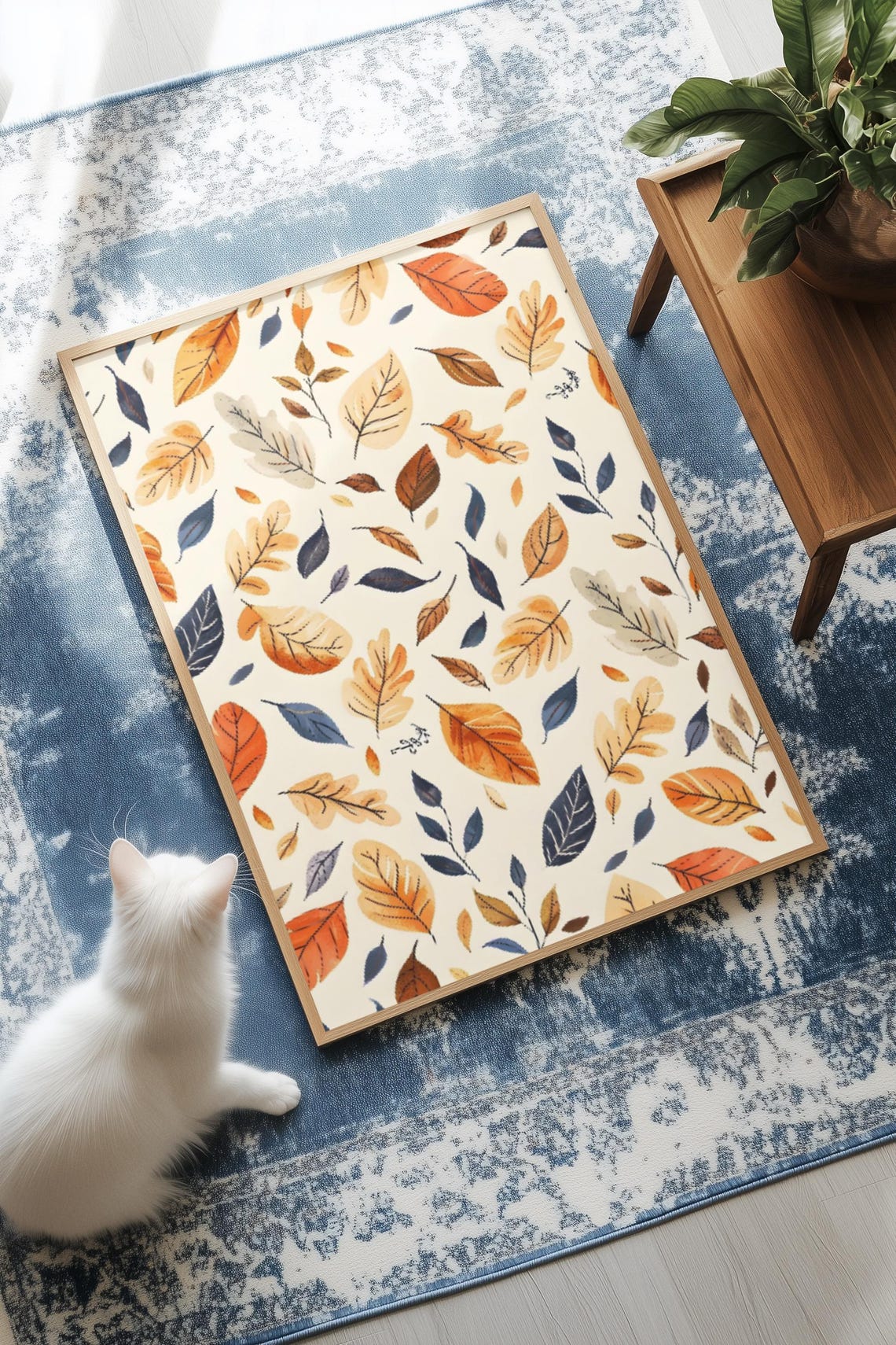Autumn Leaves Scattered Pattern Botanical Orange Navy Wall Art
