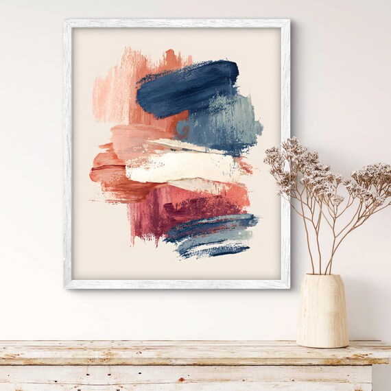 Modern Abstract Brush Strokes Navy Beige Terracotta Wall Art