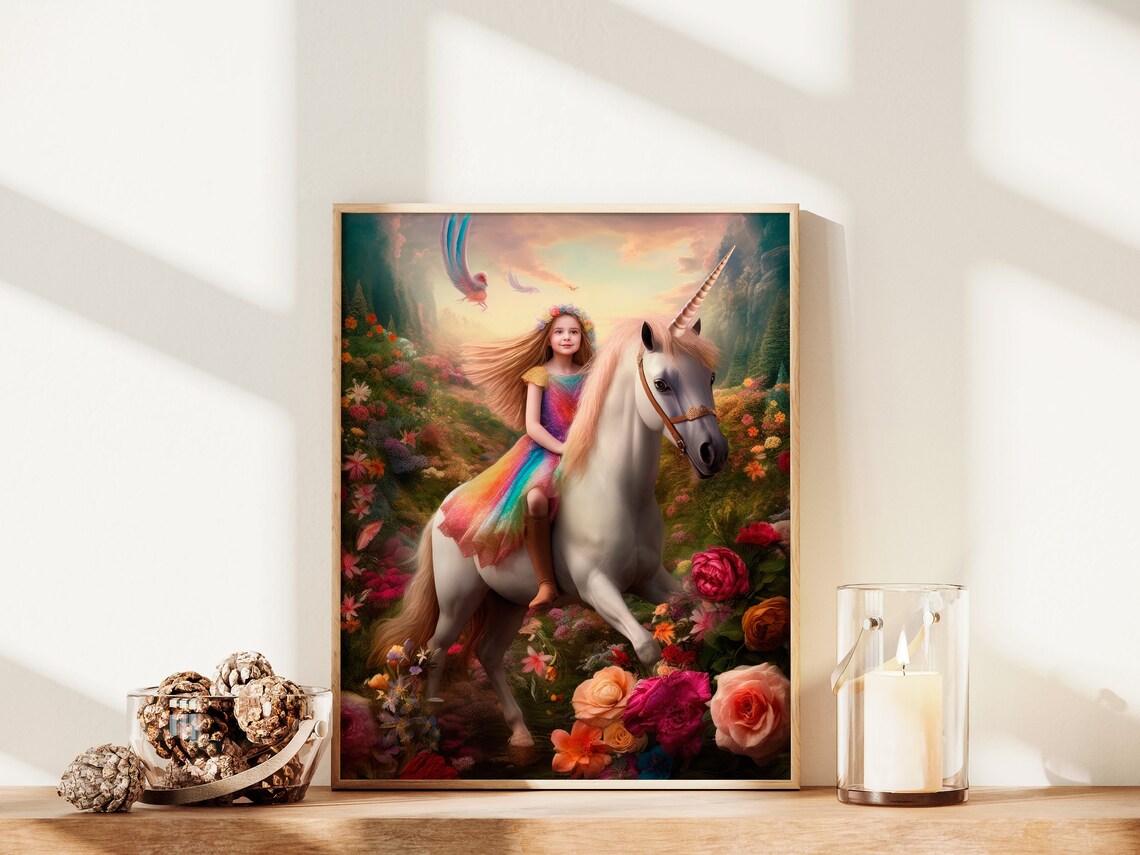 Custom Princess Riding Unicorn Art Print From Photo