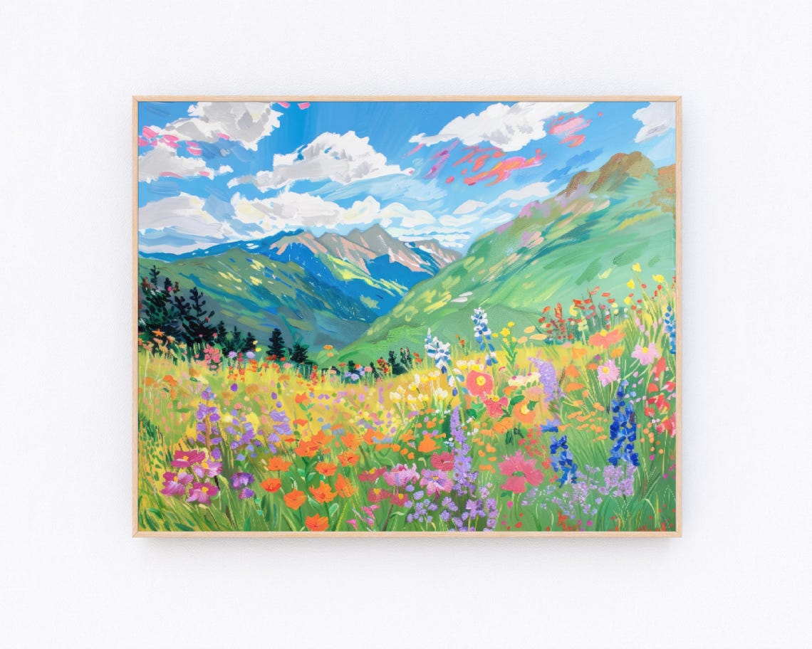 Mountains And Wildflowers Painting Mountain Landscape Mountain Oil Painting Forest Painting Floral Artwork Lake Landscape Print P668