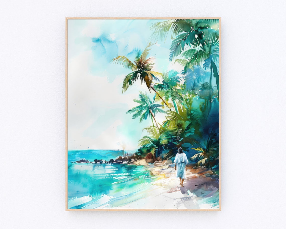 Jesus Strolling Palm-Lined Tropical Shore Calm Sea Christian Poster