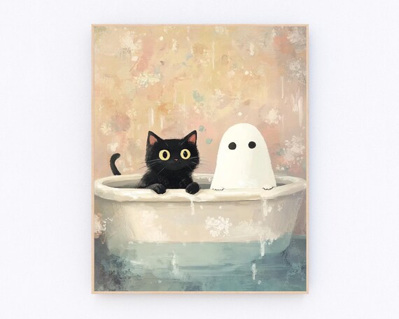 Cute Ghost and Black Cat Sharing Bubble Bath Halloween Art Poster