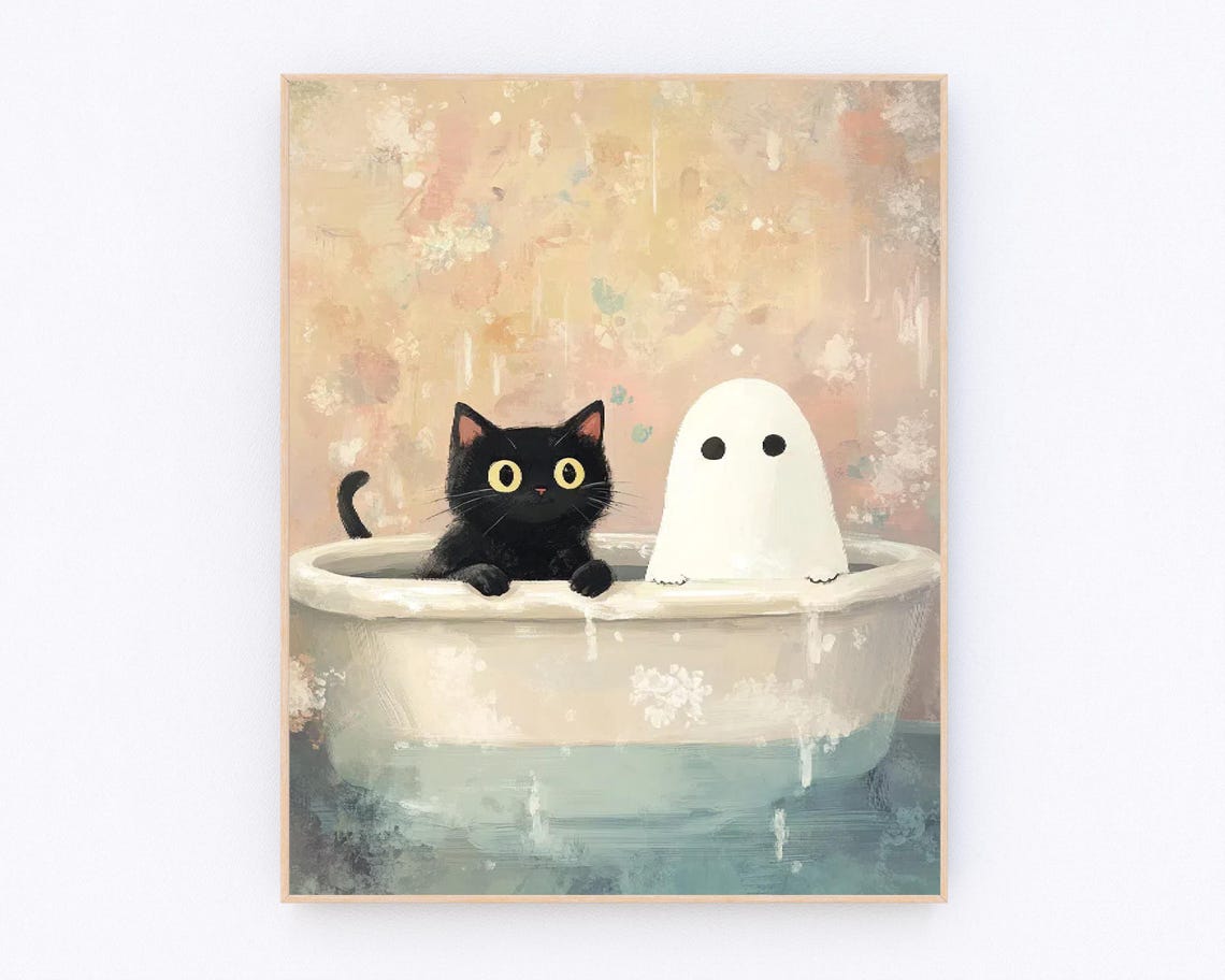 Cute Ghost and Black Cat Sharing Bubble Bath Halloween Art Poster