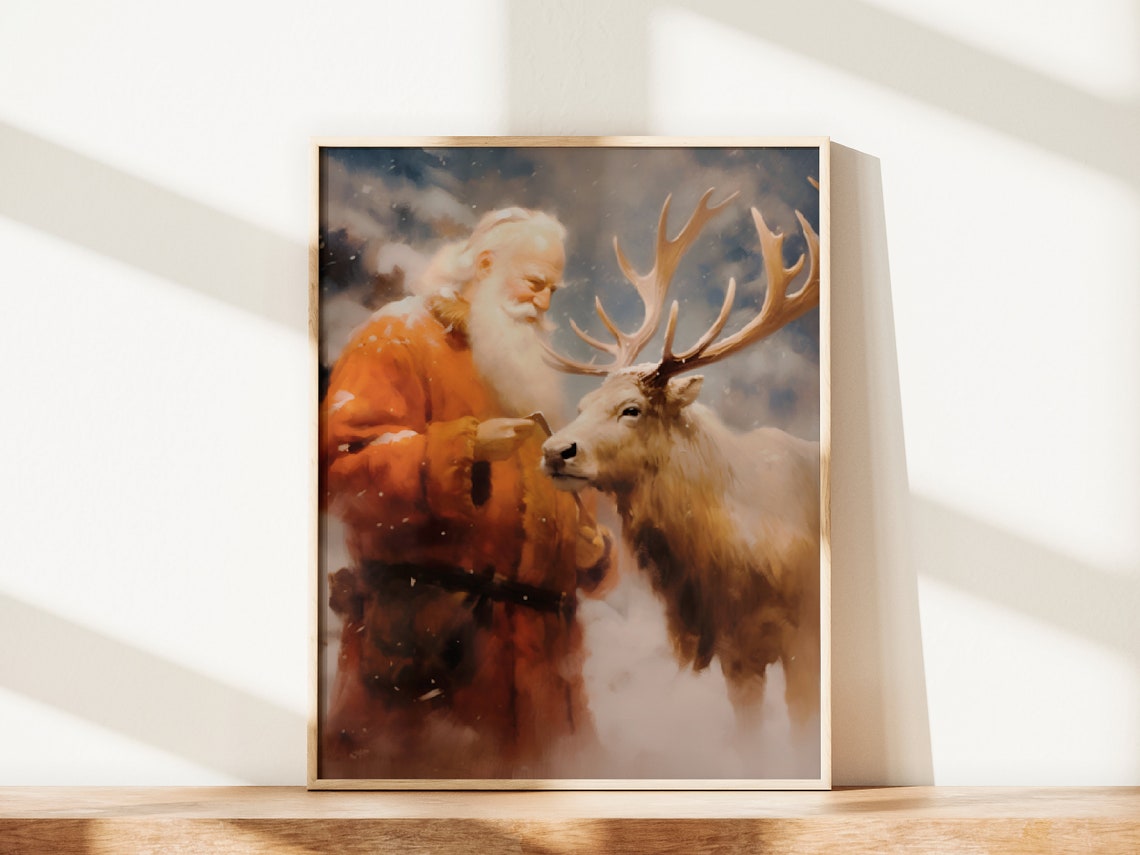 Father Christmas with Reindeer in Snow Nordic Holiday Wall Poster