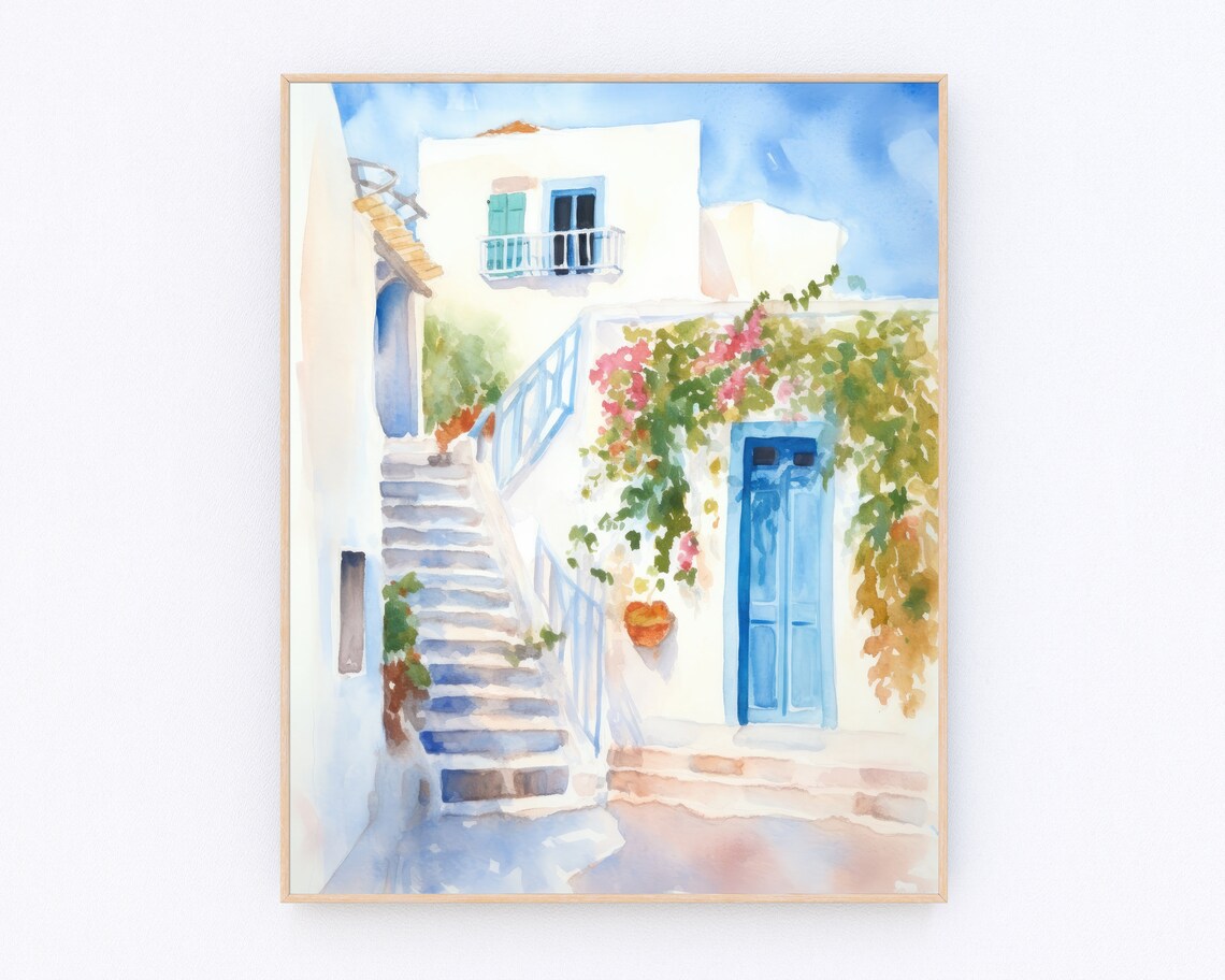 Greek Village Alley with Stairs and Blue Doors Watercolor Poster