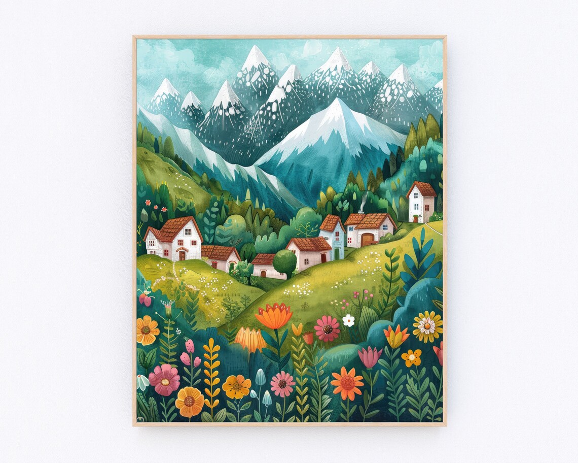Storybook Swiss Alps Village Bold Wildflowers Folk Art Travel Poster