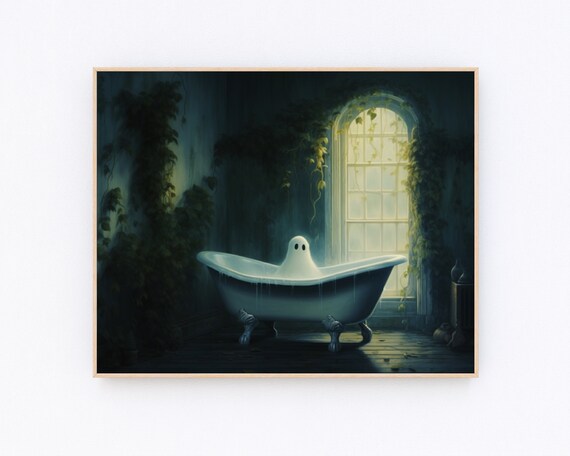 Ghost Resting in Vintage Bathtub Ivy Window Gothic Halloween Wall Poster