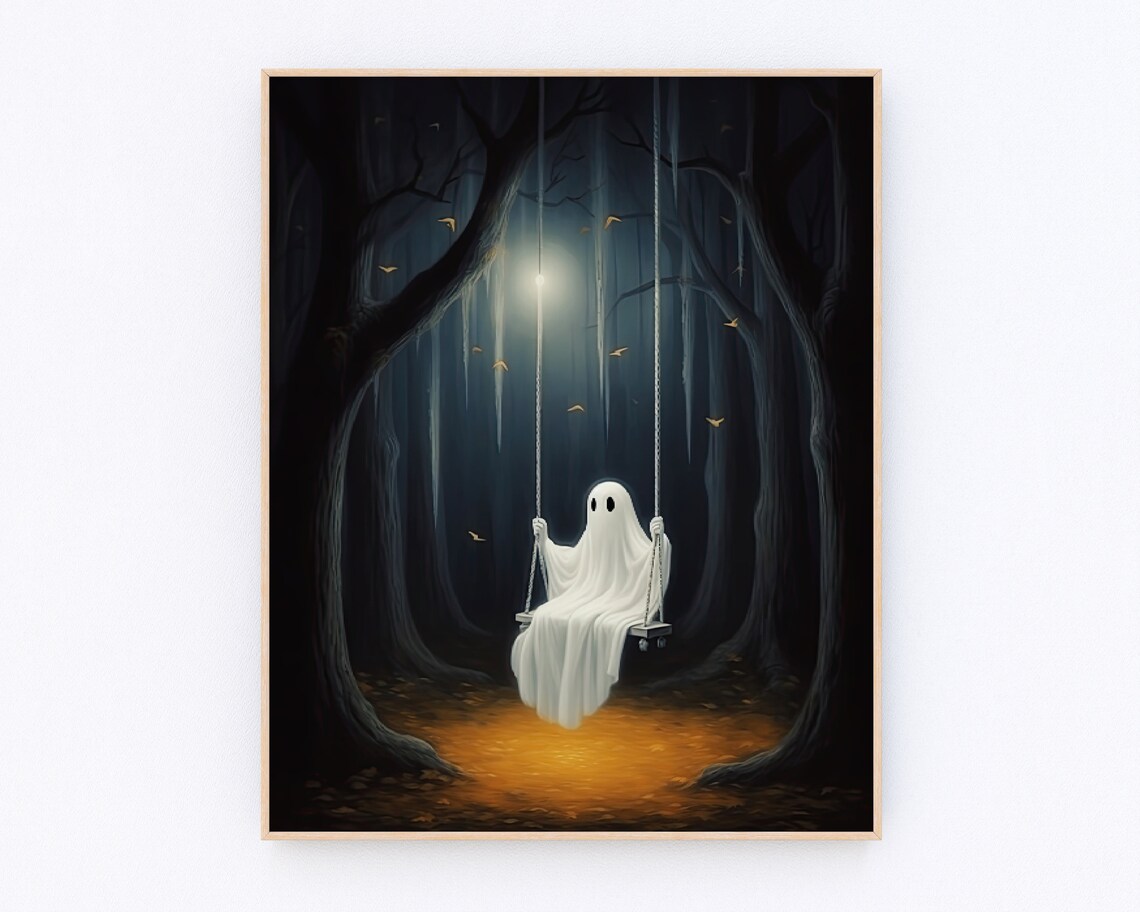 Lonely Ghost Sitting on Swing in Dark Moonlit Forest Halloween Art Poster