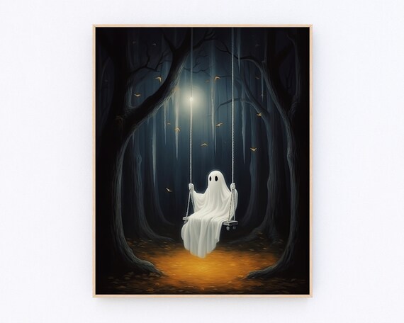 Lonely Ghost Sitting on Swing in Dark Moonlit Forest Halloween Art Poster