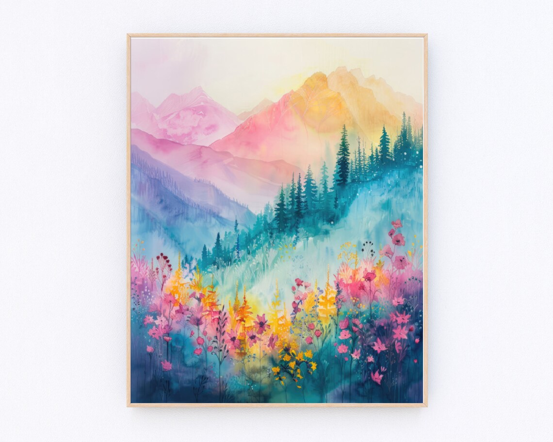 Pink and Blue Watercolor Mountain Wildflower Meadow Scene Poster