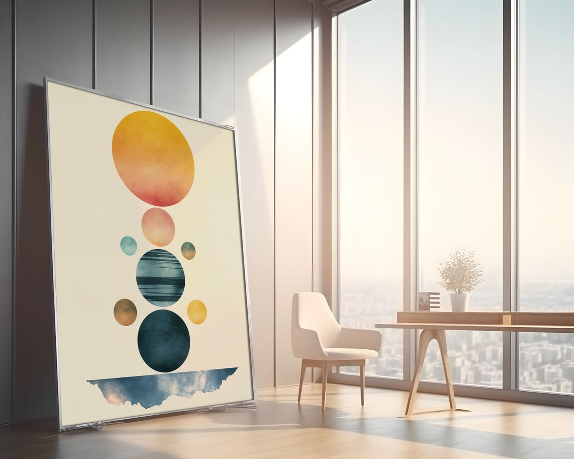 Abstract Orange Sun Striped Planet Cosmic Column Watercolor Wall Art - Image 2