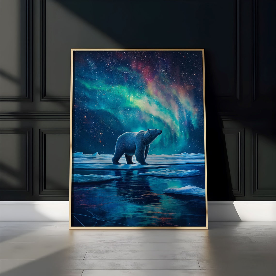 Polar Bear on Ice Floes Under Teal Aurora Curtains Wall Poster