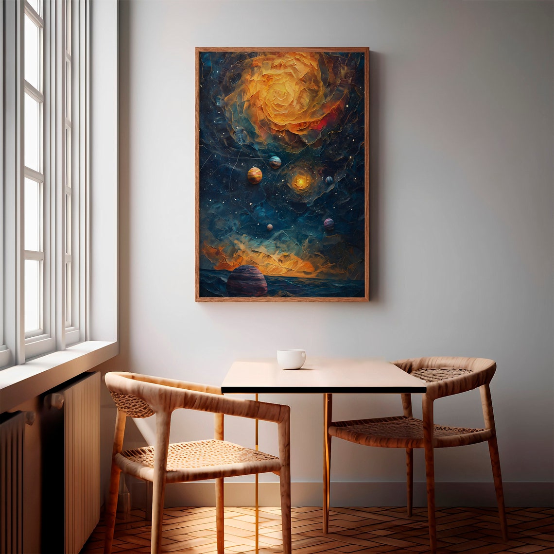 Orange Spiral Sun Starry Sky Planets Impasto Cosmic Art Poster - Image 2