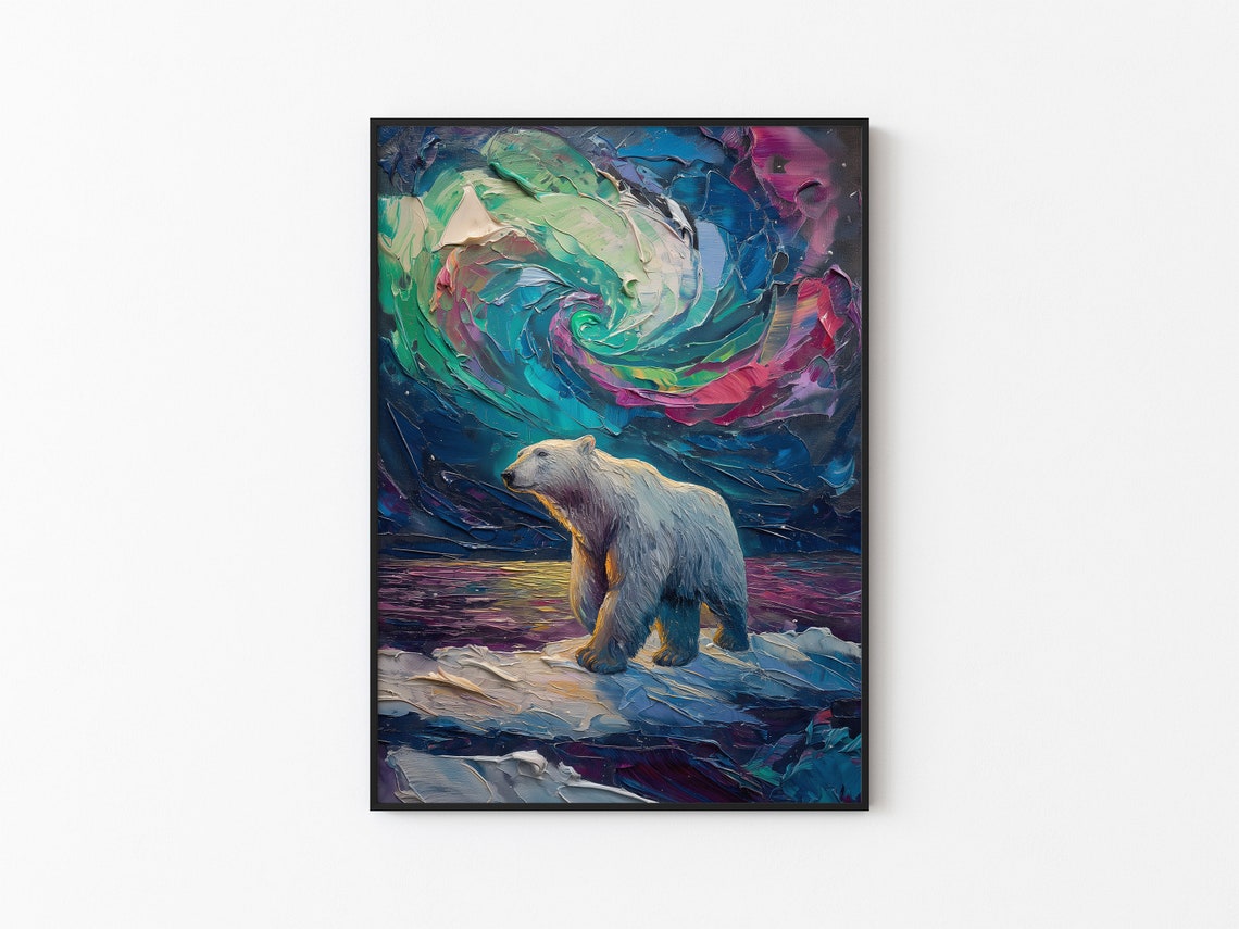 Aurora Borealis Wilderness Northern Lights Instant Art Poster Polar Bear Versatile Sizes Colorful Impasto Print 21