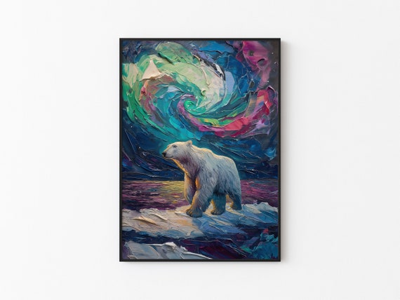 Aurora Borealis Wilderness Northern Lights Instant Art Poster Polar Bear Versatile Sizes Colorful Impasto Print 21