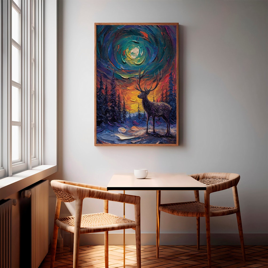 Deer With Antlers Under Teal Aurora Spiral Sunset Forest Poster - Image 3
