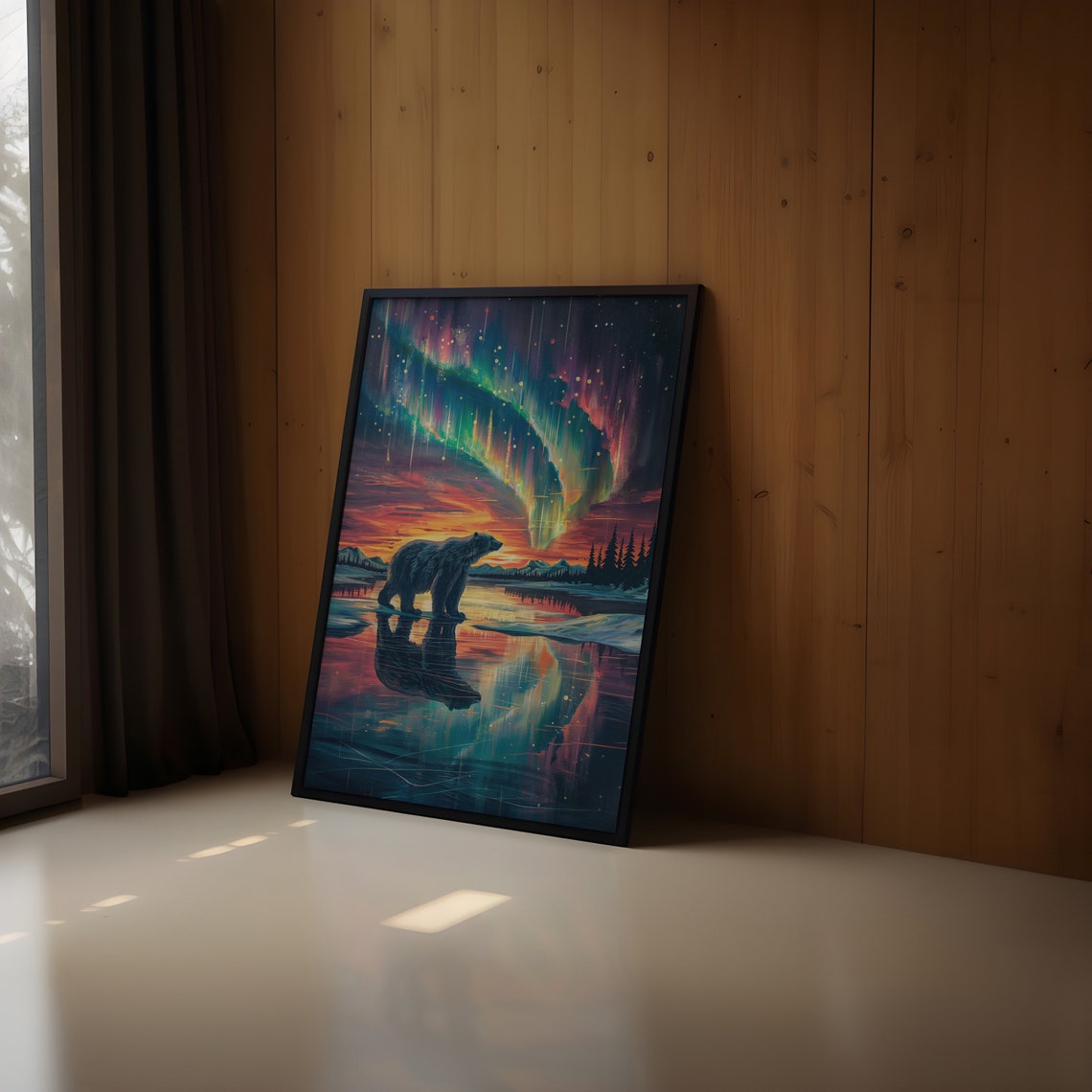 Polar Bear by Mirror Water Under Crimson Aurora Curtains Poster - Image 2