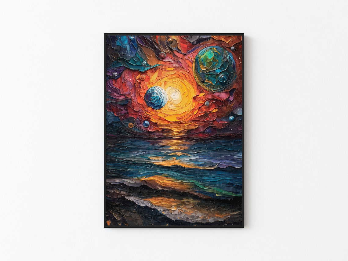 Fiery Orange Vortex Blue Green Planets Dark Ocean Art Poster