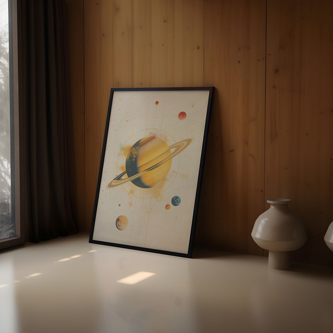 Watercolor Beige Abstract Gold Saturn Half Shadow Wide Ring Moon Dots Art Print - Image 2