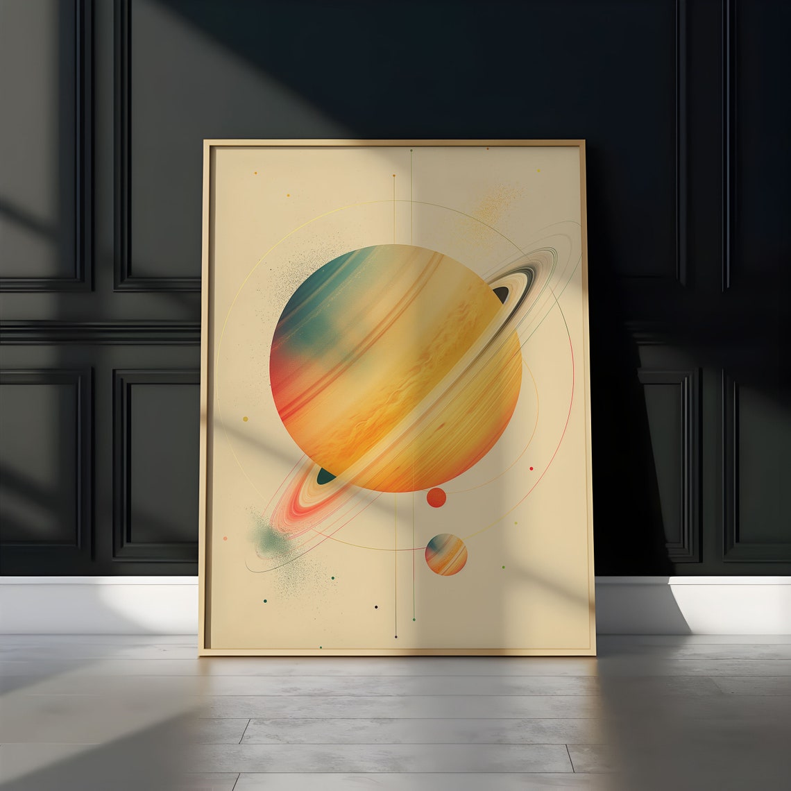 Sunset Saturn Tilted Orbits Watercolor Beige Abstract Wall Art - Image 3