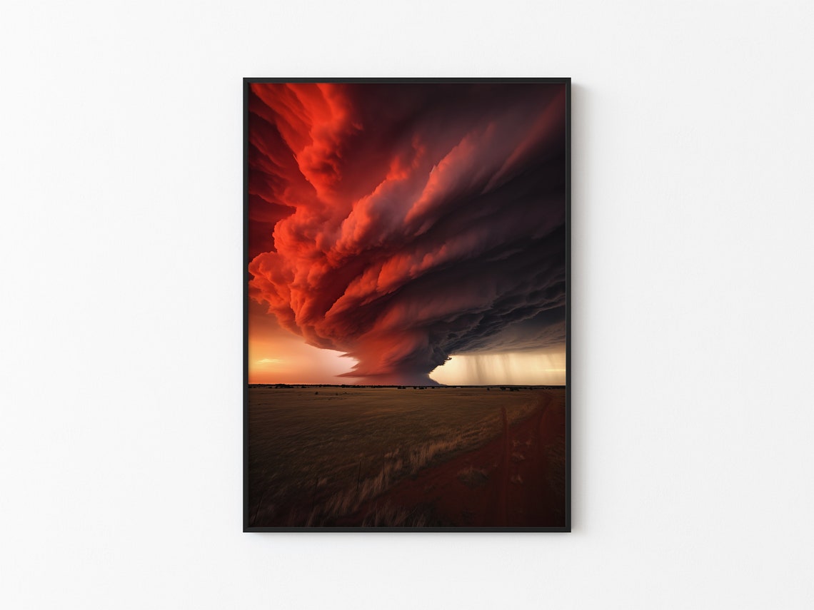 Massive Red Shelf Cloud Storm Over Open Plains at Sunset Poster