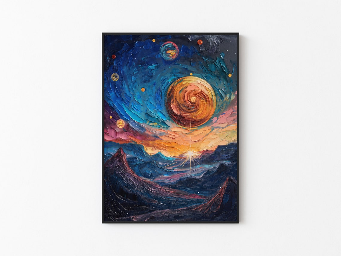 Amber Spiral Exoplanet Over Alien Mountain Nebula Sky Poster