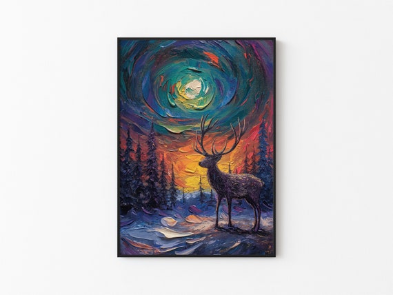 Aurora Borealis Wilderness Northern Lights Instant Art Poster Polar Deer Versatile Sizes Colorful Impasto Print 19