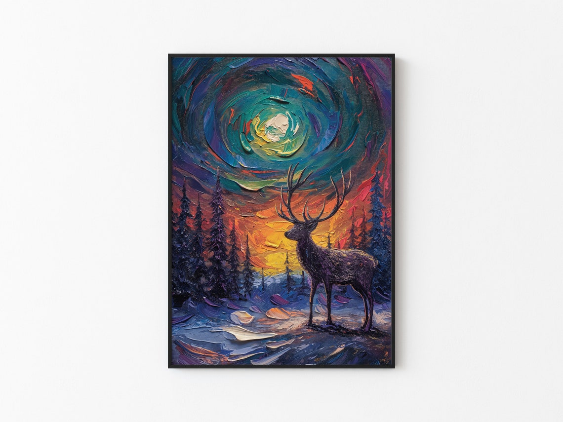 Aurora Borealis Wilderness Northern Lights Instant Art Poster Polar Deer Versatile Sizes Colorful Impasto Print 19
