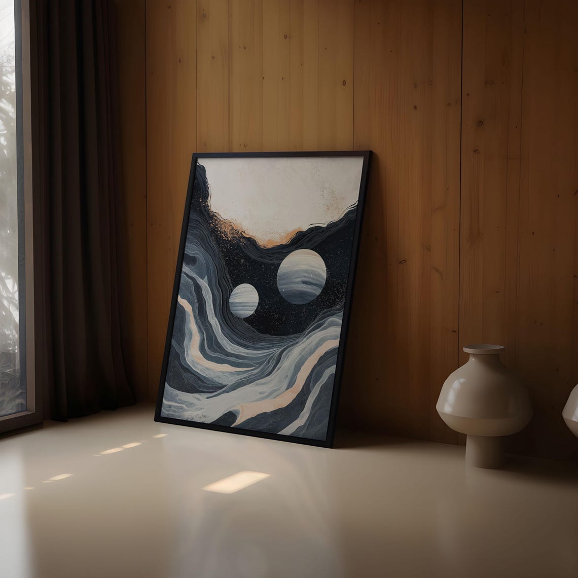 Two Planets Starry Sky Marble Wave Abstract Cosmic Print Art - Image 2