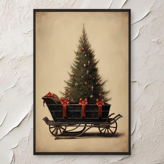 Moody Santa Sleigh Night Print Vintage Christmas Wall Art Dark Winter Holiday Decor Rustic Festive Painting Png