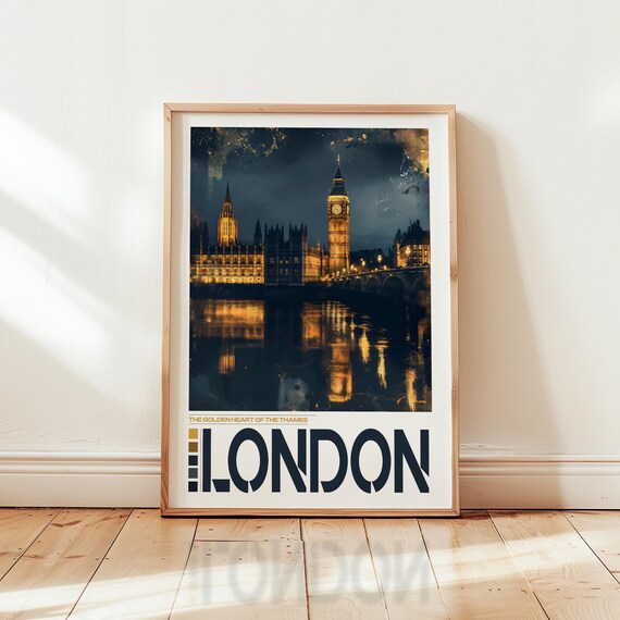 London England Travel Poster Big Ben And Thames Night City Lights Photography