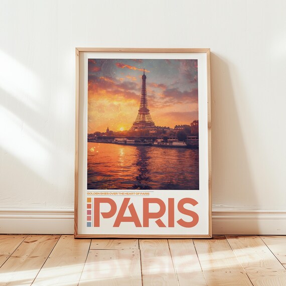 Paris France Travel Poster Eiffel Tower At Sunset Seine Golden Sky City View